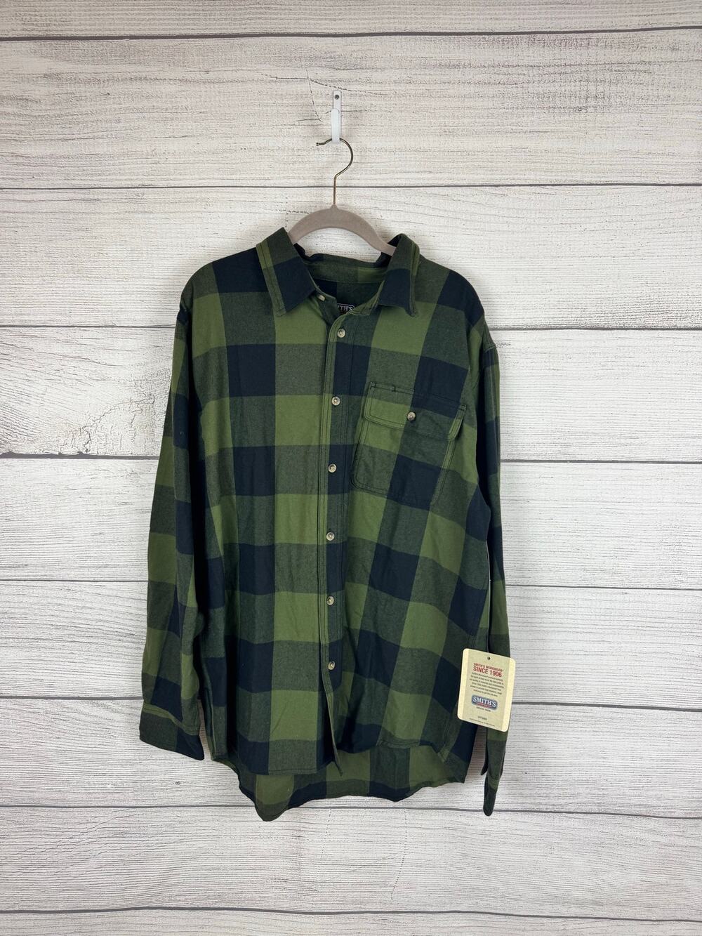 Smiths Workwear Men's Green Black Plaid Long Sleeve Flannel Shirt Size Large